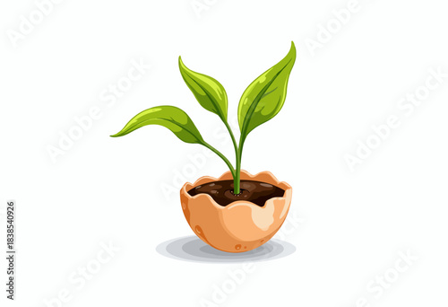 Illustration of a Young Plant Growing from Soil in a Half Eggshel on a White Background Symbolizing New Beginnings and Sustainable Gardening Practices