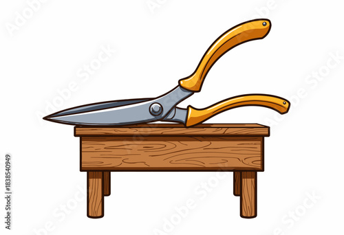 Illustration of Large Hedge Shears with Orange Handles Placed on a Wooden Table for Gardening or Landscaping Purposes