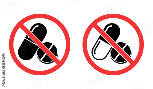 Prohibited medication sign with capsules in red circle