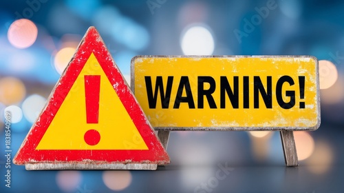 Close-up of yellow and red hazard signs, 