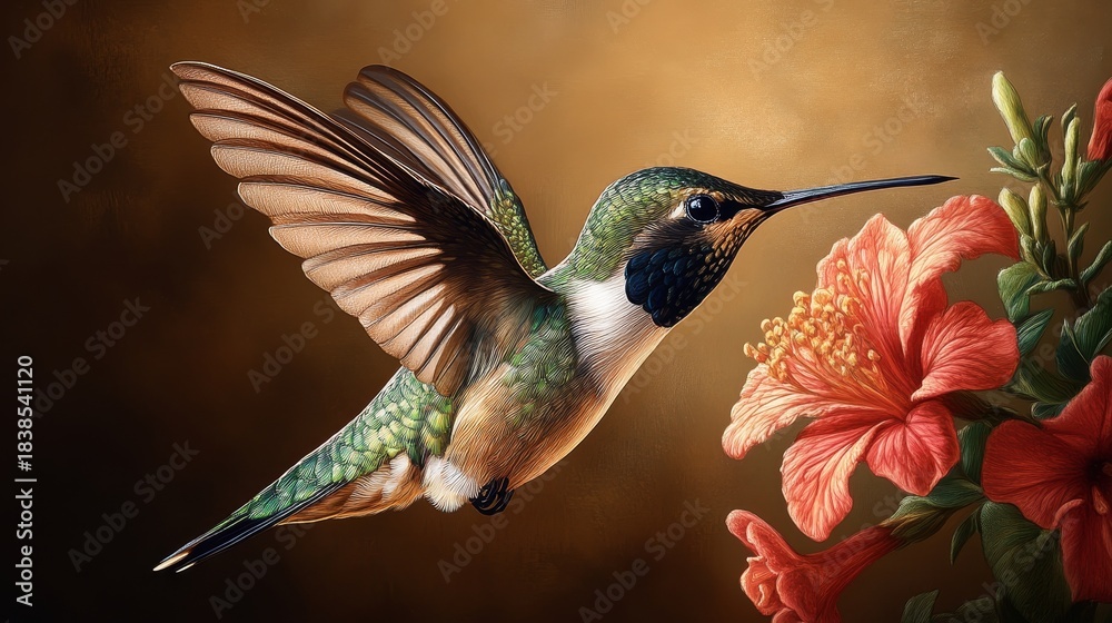 Naklejka premium Hummingbird approaching hibiscus flower seeking nectar illustration