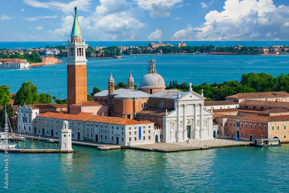 Fototapeta premium Aerial view of San Giorgio island, Church of San Giorgio Maggiore and Grand canal in Venice, Italy. Architecture and landmarks of Venice.