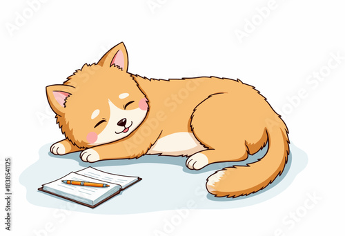 Adorable cartoon cat with fluffy beige fur peacefully napping beside an open notebook and pencil on a soft blue surface, evoking a sense of calm and relaxation.
