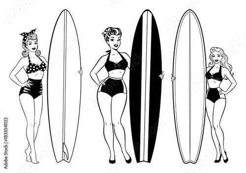 Pinup Surfer Girls With Longboards