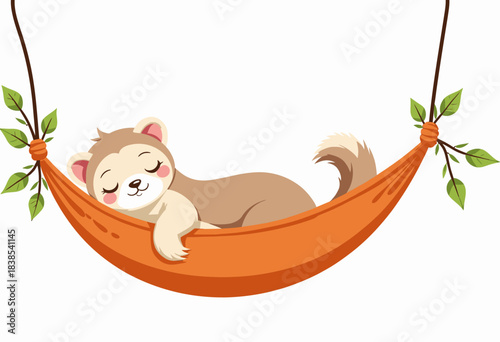 Charming cartoon ferret peacefully sleeping in a vibrant orange hammock adorned with lush green leaves, capturing the essence of relaxation and contentment in nature