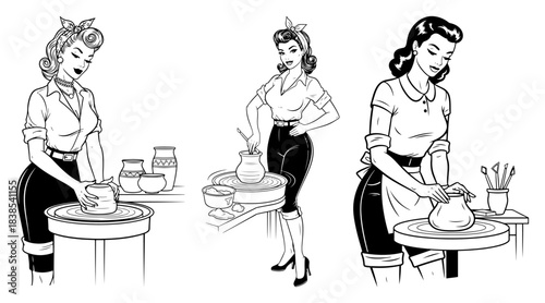 Retro Housewife Washing Dishes Kitchen Chores