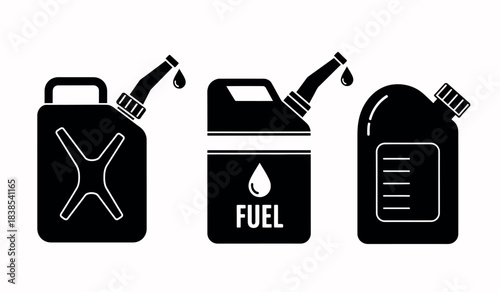 Three black fuel cans isolated on white background