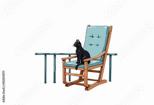 Black cat confidently perched on a cushioned wooden chair, showcasing its sleek fur and bright eyes in a serene indoor setting