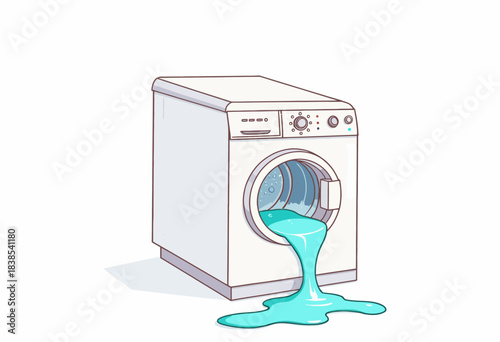 Illustration of a malfunctioning washing machine with detergent spilling dramatically onto the floor in an exaggerated and unexpected manner