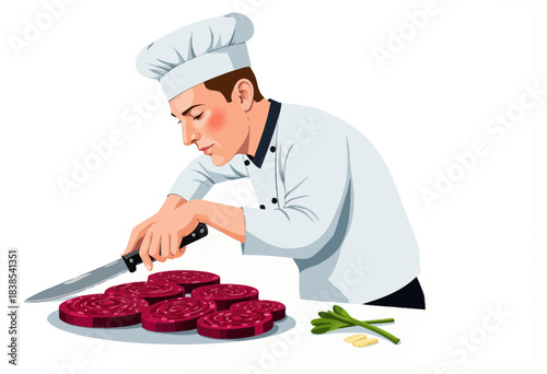 Chef skillfully slices vibrant red beetroots on a clean kitchen surface, showcasing precision and culinary expertise with fresh produce and a professional demeanor.