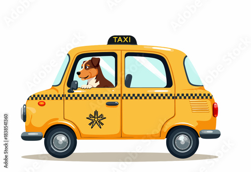 Amusing illustration of a cheerful dog driving a classic yellow taxi cab with a black and yellow checker pattern on a bright sunny day