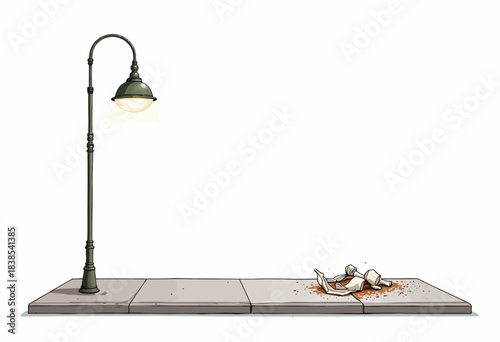 Lone Street Lamp Illuminates a Spilled Coffee Cup on a Deserted Sidewalk at Night