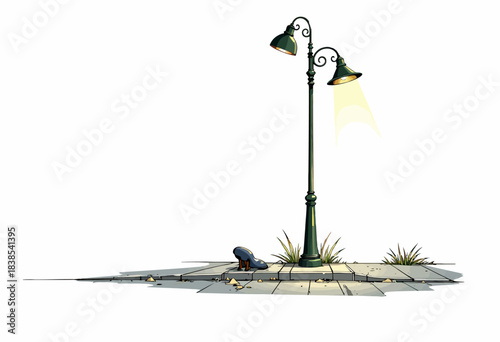 Serene Nighttime Street Scene with Lone Lamp Post Illuminating Sidewalk and Vintage Shoe
