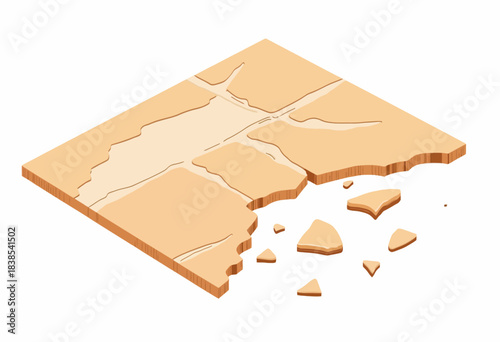 Illustration of a Cracked Brown Floor Tile with Fragments Showing Surface Damage and Breakage Patterns