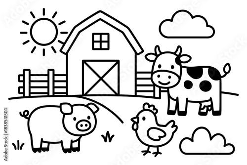Charming farm animals and barnyard outline design for kids