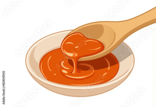 Illustration of a Wooden Spoon Dripping Vibrant Red Sauce into a Small White Bowl on a Plain Background