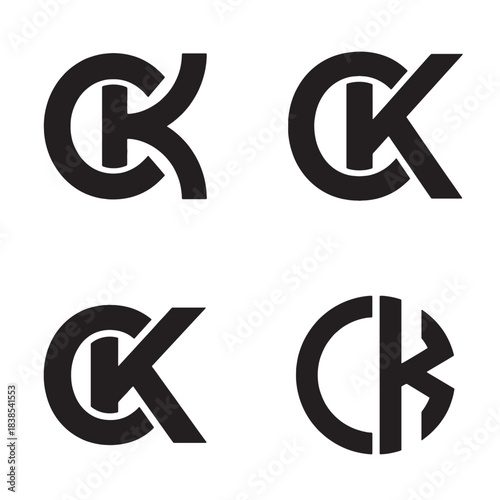 Set of four modern black and white vector logo design variations featuring monogram letters CK for elegant branding.