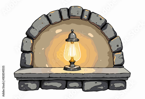 Illustration of a Vintage Lantern Illuminating a Rustic Stone Alcove with Warm Glowing Light Surrounded by Weathered Bricks Creating a Cozy Atmosphere