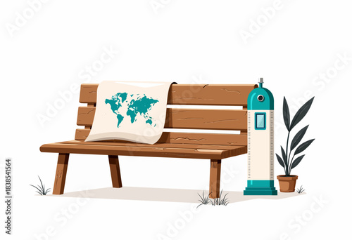 Wooden Park Bench with World Map and Telescope Against a White Background with Green Plant and Grass Elements around for Outdoor Adventure Inspiration