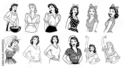 Retro Pin Up Women Portraits and Gestures Set
