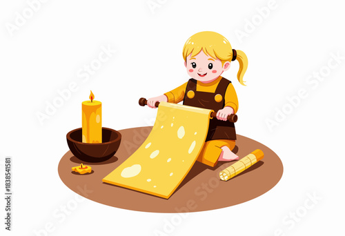 A cute cartoon child joyfully exploring creativity with a large rolling pin and dough beside a glowing candle in a cozy setting