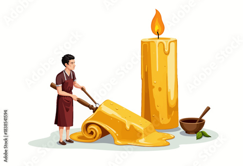 Artisan Creating Large Decorative Candle with Textured Wax Using Traditional Handcrafted Techniques in Cozy Workshop Setting with Melting Wax and Warm Glow