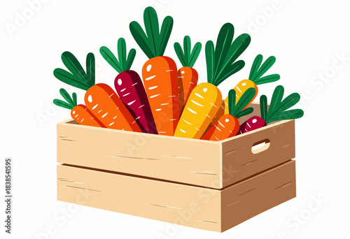 Vibrant Collection of Fresh Colorful Carrots in a Wooden Crate with Green Leaves and Varied Hues Illustrating Agricultural Abundance