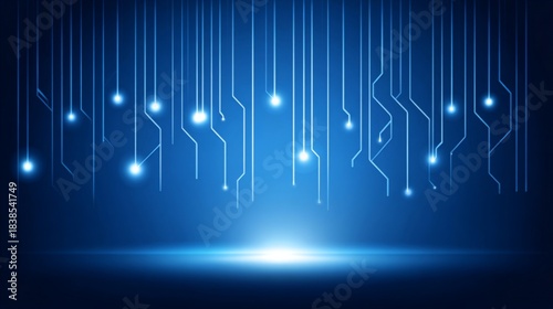 Digital futuristic illustration featuring blue background with glowing light circuits