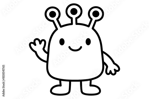 Cute alien character with three eyes and happy expression in black and white