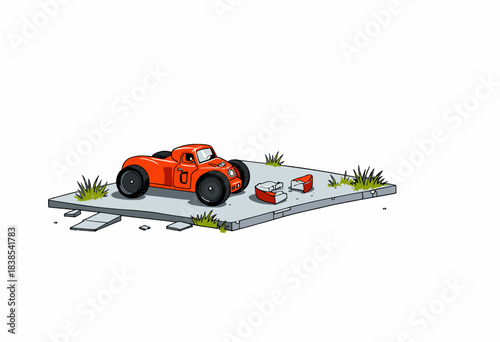 Vintage Red Race Car Resting on Concrete with Sandwiches and Grass Patches Nearby