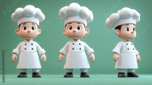 Classic 3D chef character with mustache, apron, and chef hat shown from multiple angles, cartoon style.