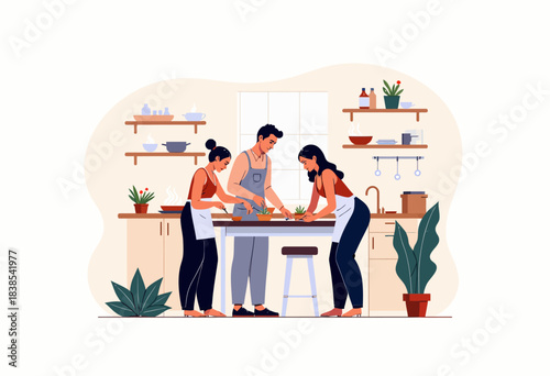 Three cheerful friends joyfully preparing a meal together in a cozy kitchen, showcasing teamwork, culinary skills, and the joy of cooking and sharing food.