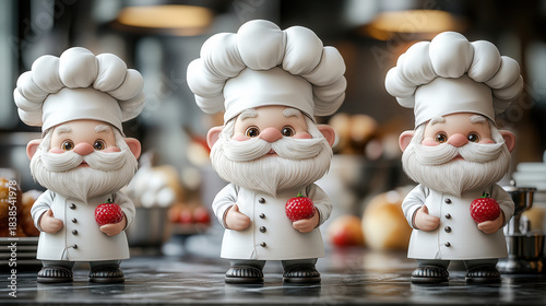 Classic 3D chef character with mustache, apron, and chef hat shown from multiple angles, cartoon style.
