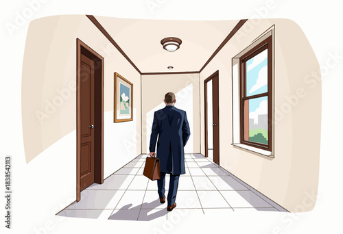 Illustration of a Professional Businessman Walking Down a Hallway Toward a Sunlit Window Carrying a Leather Briefcase in an Office Environment
