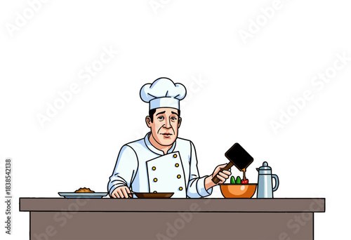 Animated Chef Preparing a Meal with Precision and Care in a Kitchen Setting, Highlighting Culinary Skills and Cooking Techniques in a Professional Environment