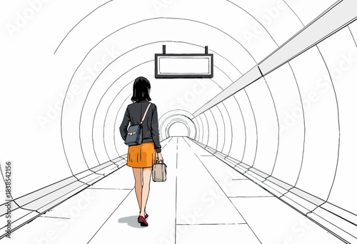 Illustration of a Woman Walking Alone in a Minimalistic Underground Tunnel with Bright Lighting and Simple Design Elements