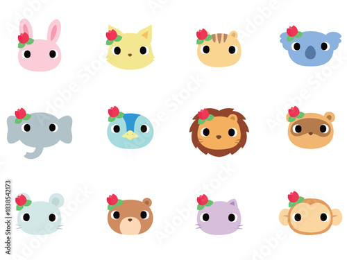 チューリップの飾りをつけた動物の顔　アイコンセット