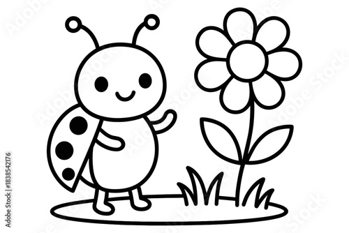 Cute cartoon ladybug with flower in black and white line art