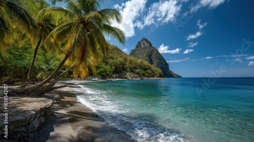 Palm trees sway on the shore of a tropical beach. Clear water laps at the sand. A mountain stands tall in the background under a blue sky with some clouds.
