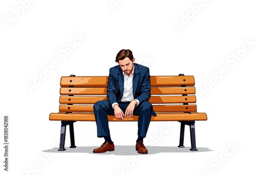 Pensive Man in Suit Sitting on Wooden Bench in Solitude Against a Minimalistic White Background Contemplating Deep Thoughts in a Tranquil Environment