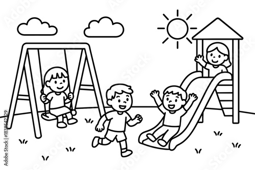 Children playing on playground with swings and slide under sunny skies in outline style