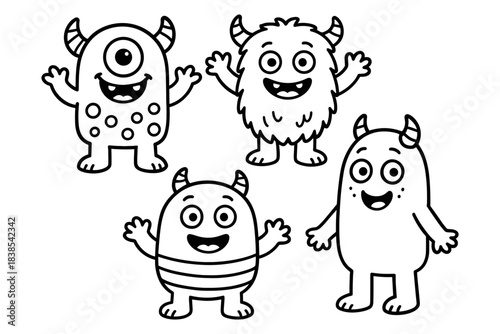Cute cartoon monster doodles: playful black and white characters