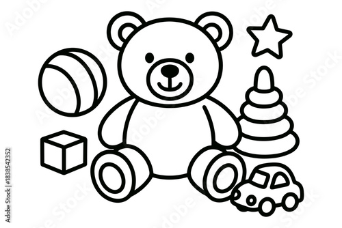 Cute toys collection: teddy bear, ball, car, and more in simple line art