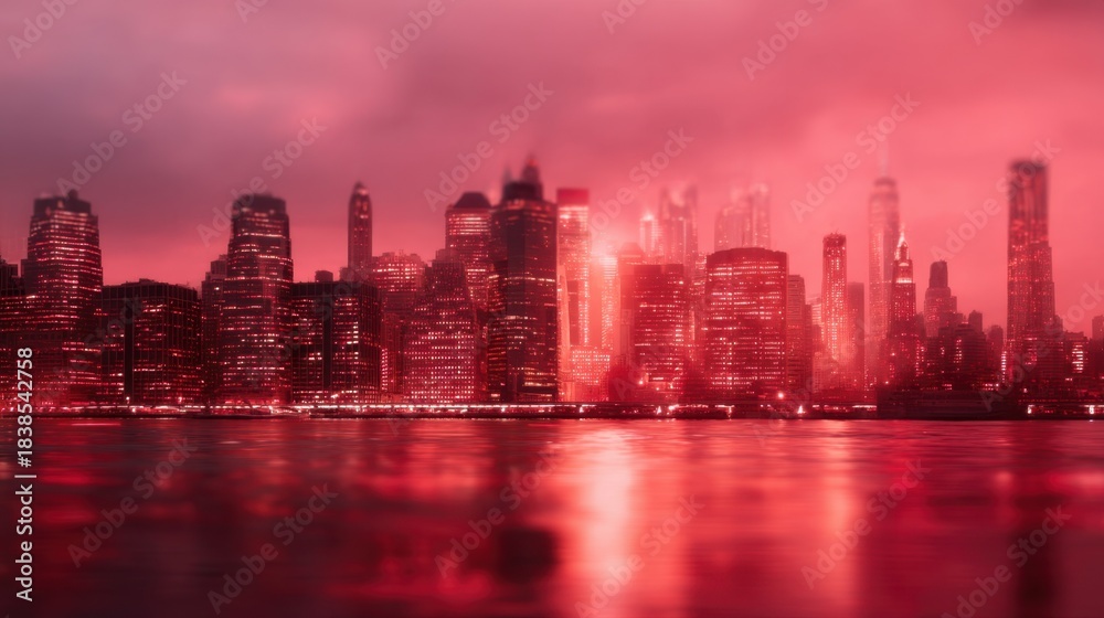 Fototapeta premium A city skyline is visible at dusk with tall buildings glowing in red. The water in front reflects the vibrant colors in the sky creating a striking scene.