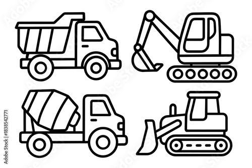 Set of construction vehicles in linear style: dump truck, excavator, concrete mixer, bulldozer