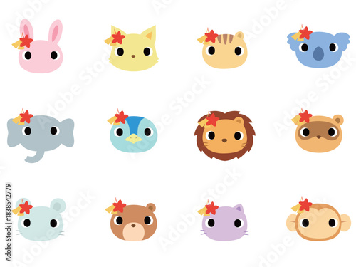 紅葉の飾りをつけた動物の顔　アイコンセット