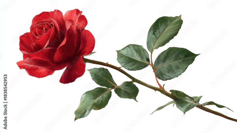 Fototapeta premium A red rose blooms on a stem with green leaves. The flower's vibrant color stands out against the plain white background creating a simple but striking visual.