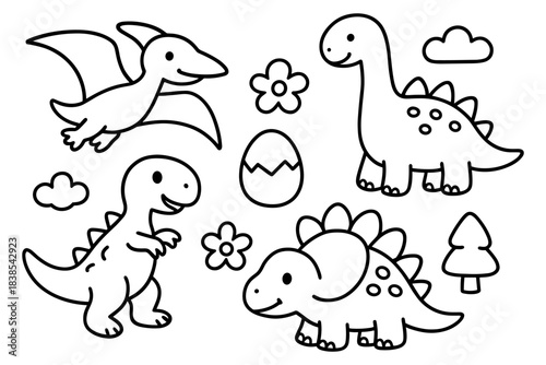 Cute dinosaur coloring page for kids with flowers and trees