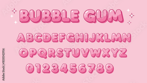 Bubble gum font, pink glossy letters, 3D style, playful alphabet, sparkles, candy theme, children design, flat vector illustration