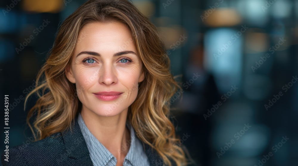 Naklejka premium A woman stands in an office with a blurred background. She has wavy hair and smiles confidently. The scene shows a professional atmosphere with soft lighting.